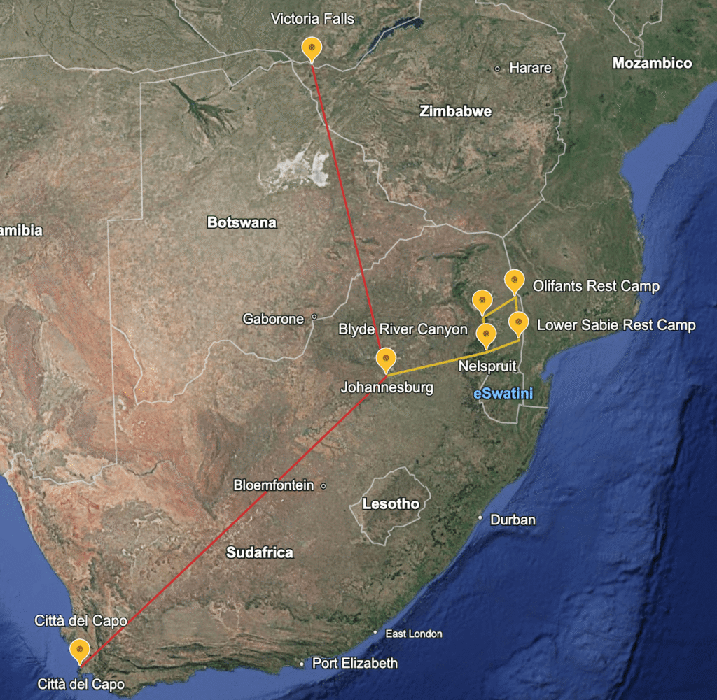 SUDAFRICA MAPPA Itinerario Sudafrica e Cascate VIctoria
