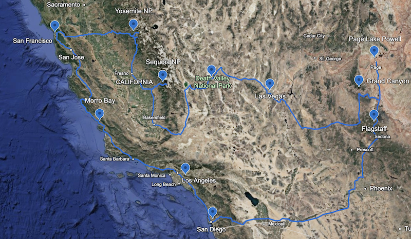 WEST USA mappa Itinerario perfetto sulla costa west usa